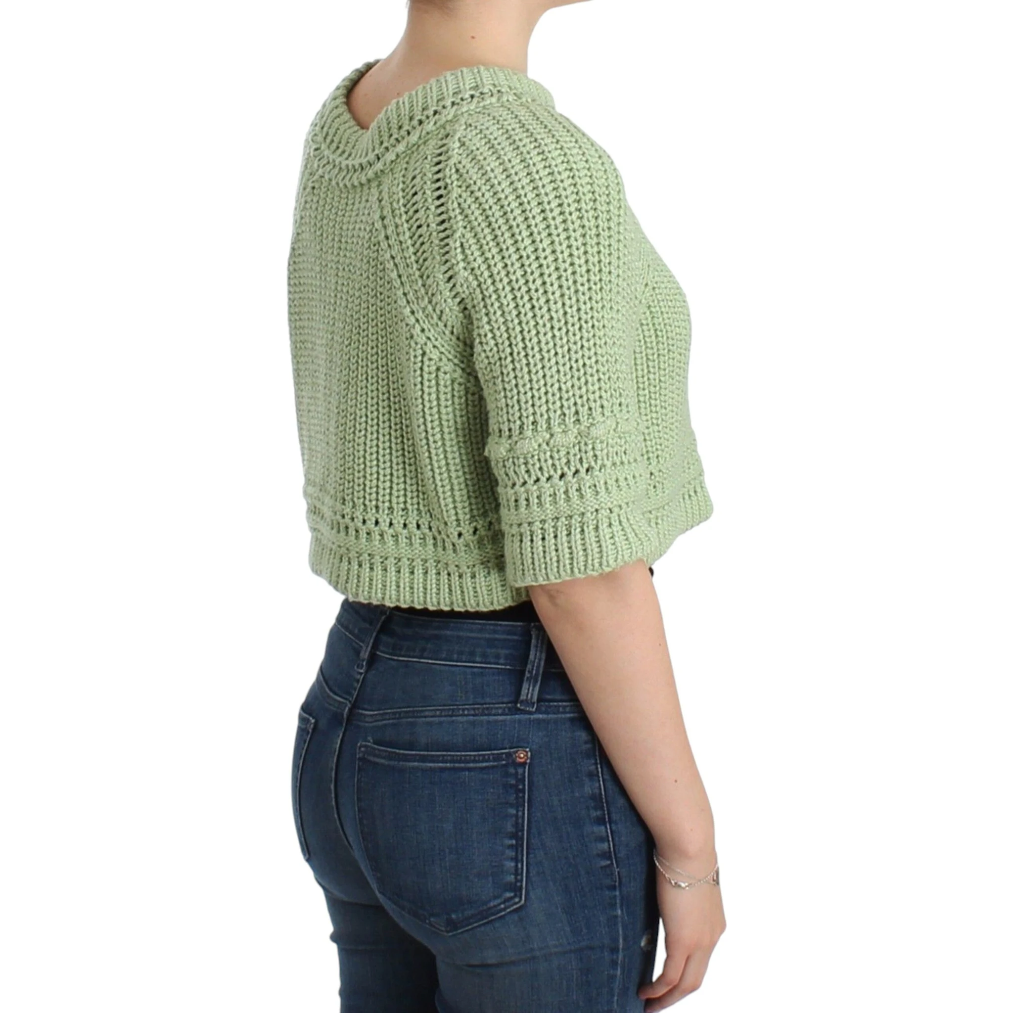 Women Cropped Knit Sweater In Green