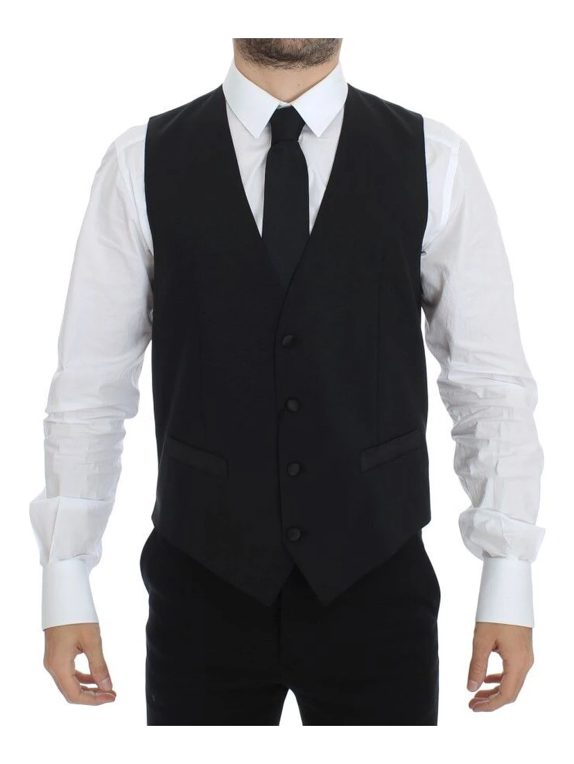 Black Wool Silk Stretch Dress Vest Blazer