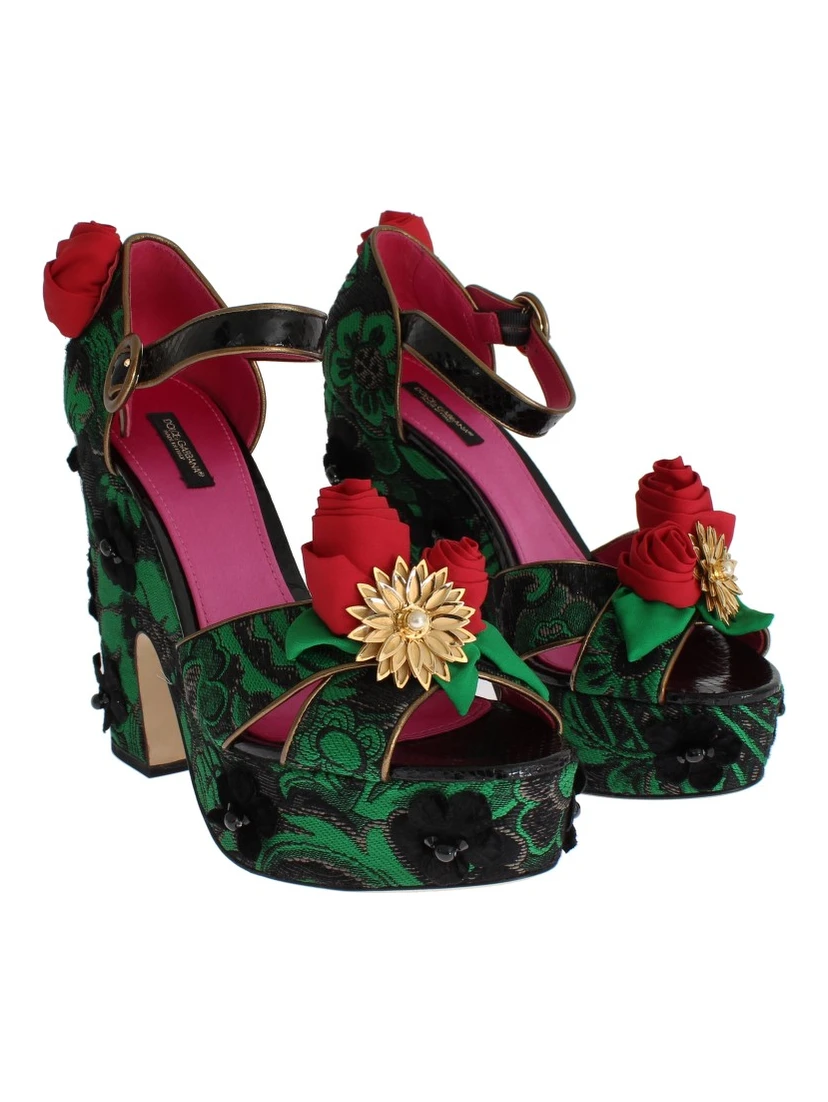 Green Brocade Snakeskin Roses Crystal Shoes