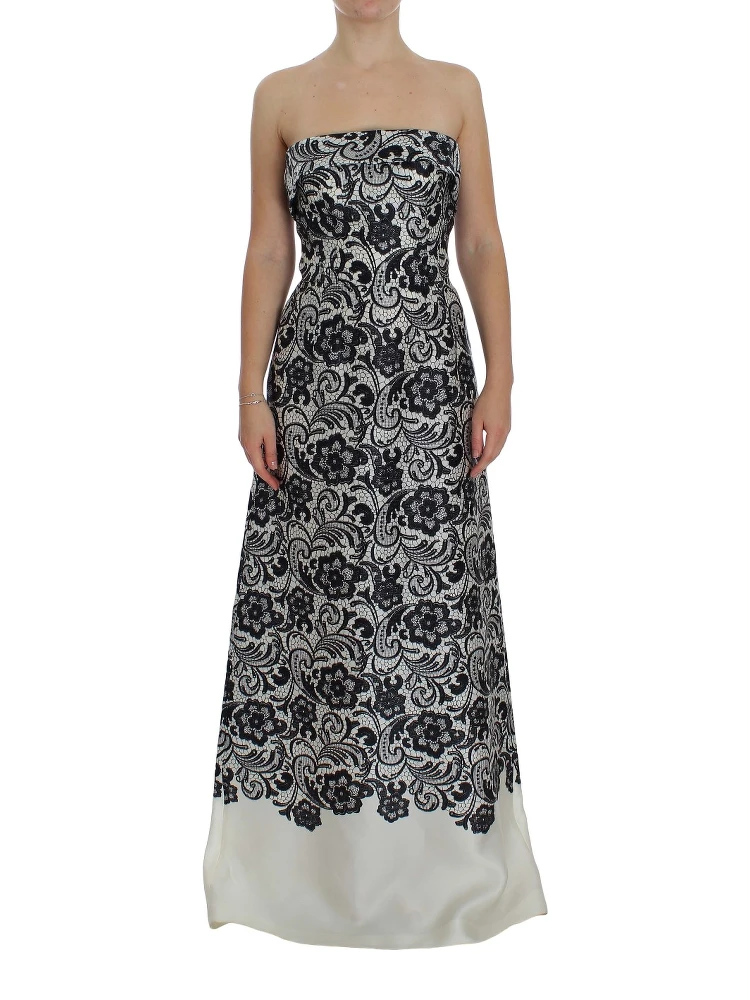 White Floral Lace Silk Corset Maxi Dress