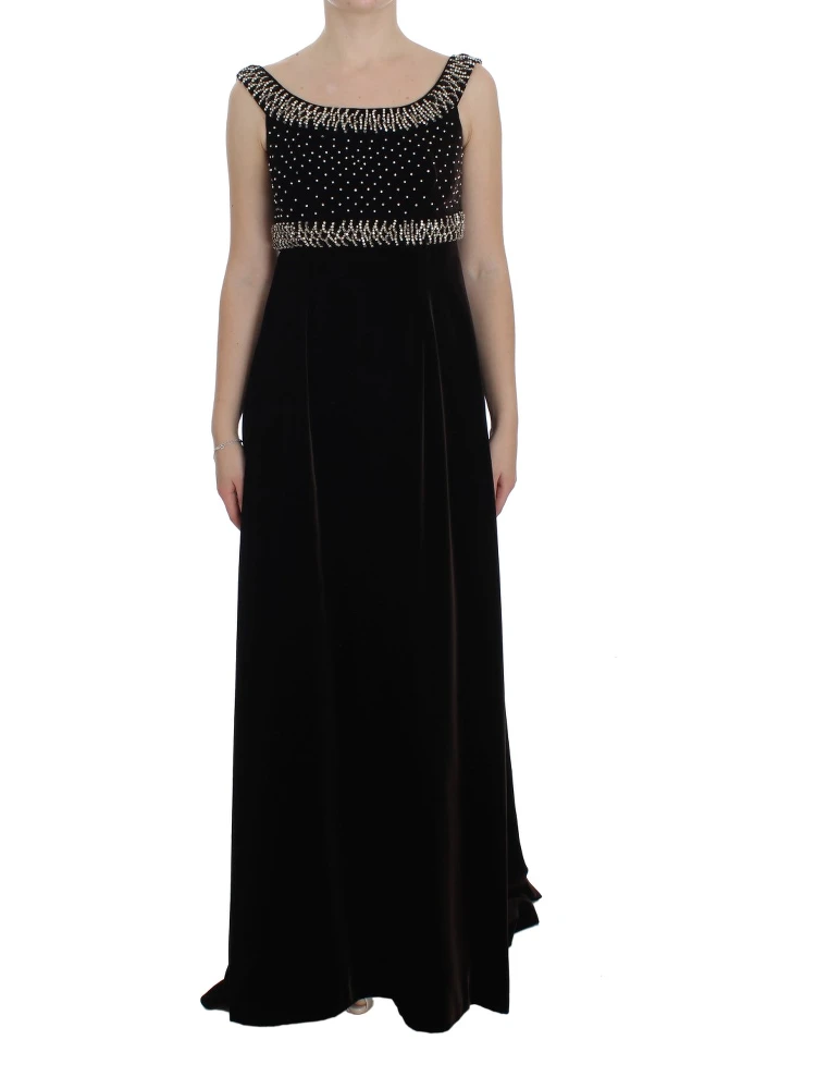 Brown Velvet Crystal Sheath Gown Dress