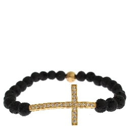 Lava Stone Gold Clear CZ Cross 925 Silver Bracelet