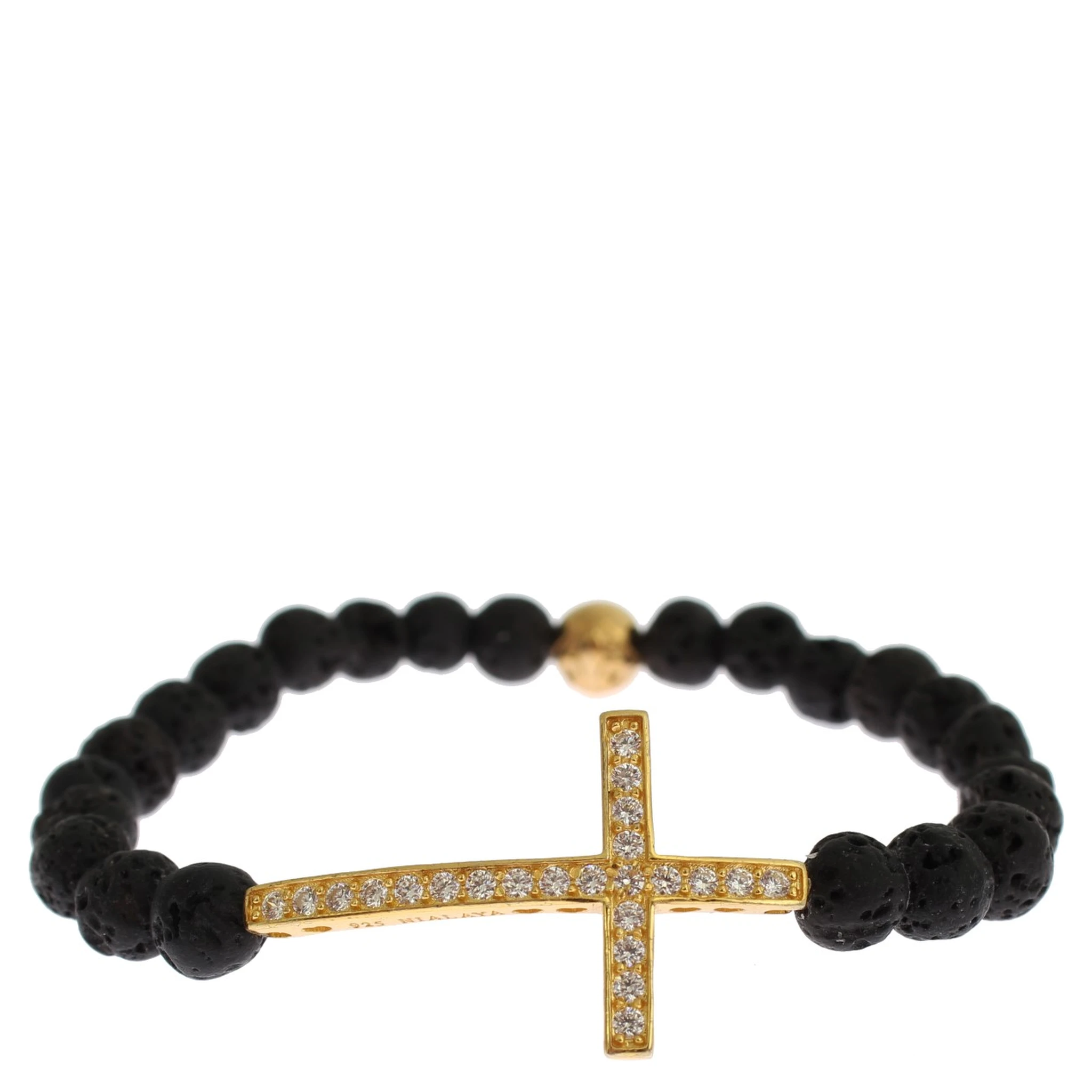 Lava Stone Gold Clear CZ Cross 925 Silver Bracelet
