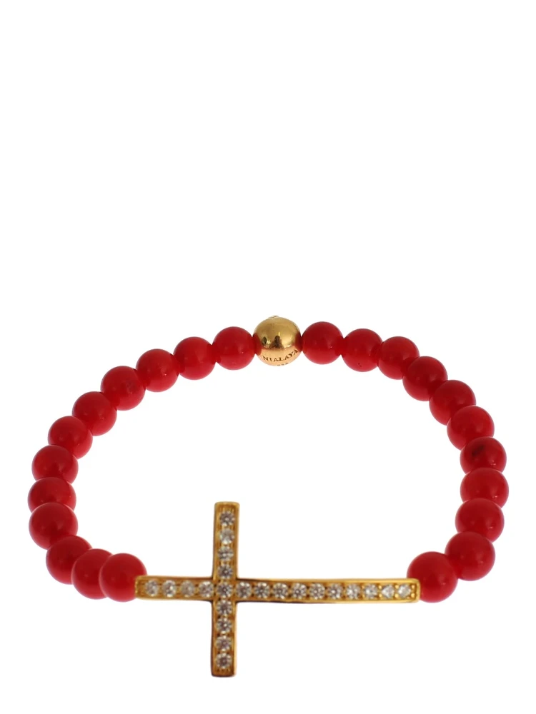 Red Coral Gold CZ Cross 925 Silver Bracelet alternative