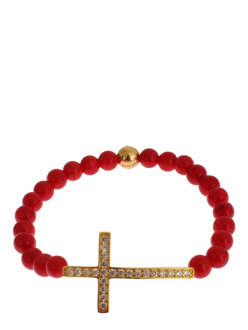 Red Coral Gold CZ Cross 925 Silver Bracelet