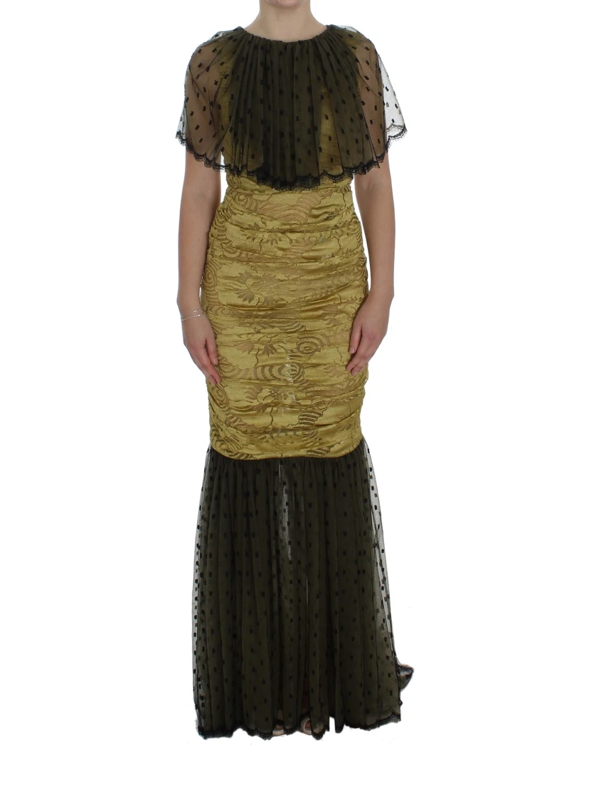 Yellow Black Floral Lace Ricamo Gown Dress