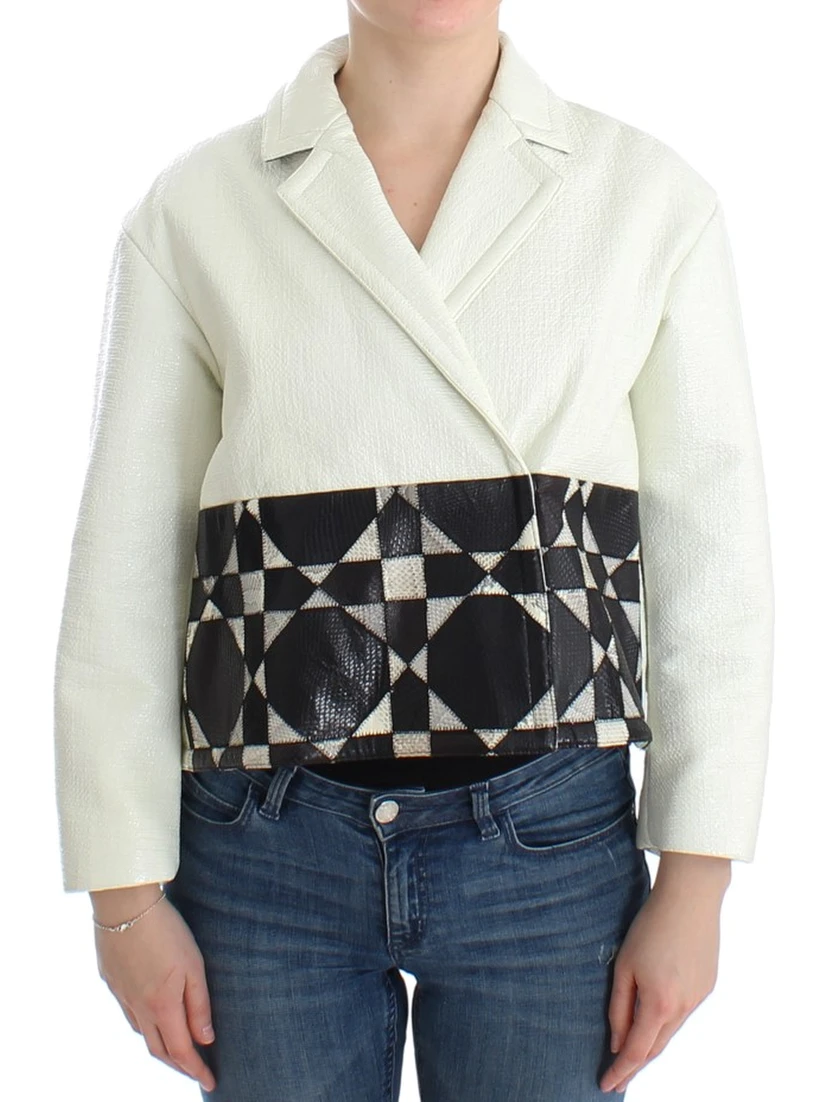 White Black Cropped Leather Jacket