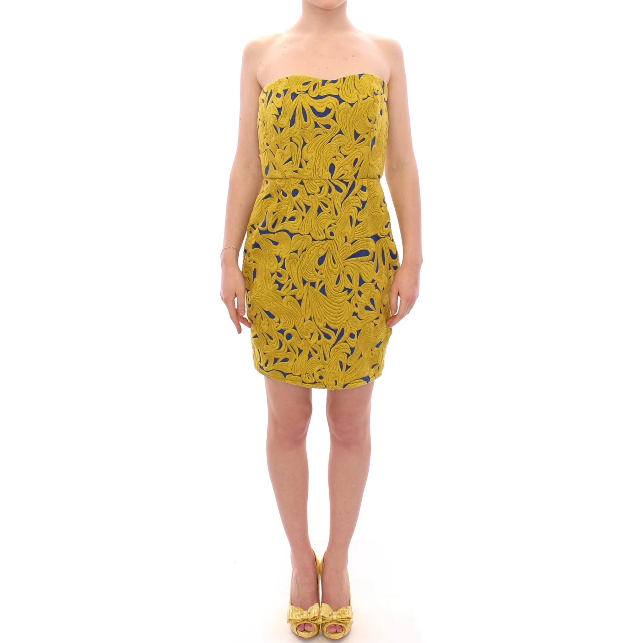 Blue Yellow Strapless Bubble Mini Shift Dress