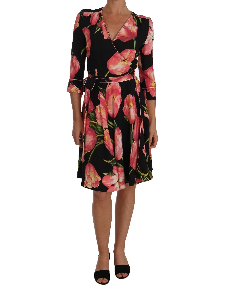 Black Pink Tulip Print Stretch Shift Dress