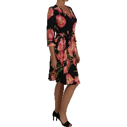 Black Pink Tulip Print Stretch Shift Dress