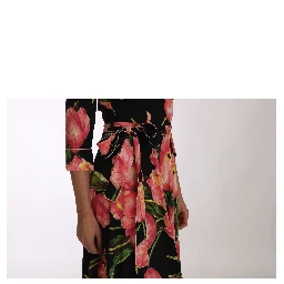 Black Pink Tulip Print Stretch Shift Dress