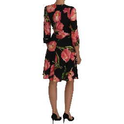 Black Pink Tulip Print Stretch Shift Dress