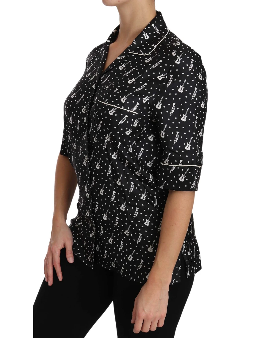 Black GuitarTrumpet Print Silk Shirt Top