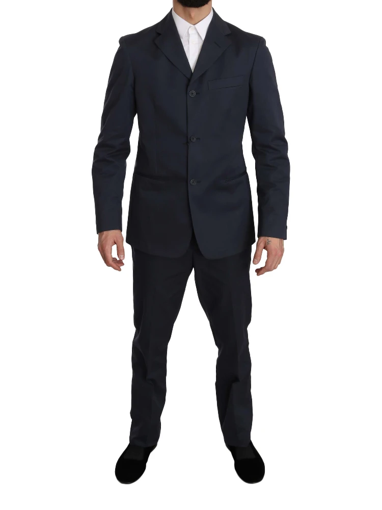 Two Piece 3 Button Cotton Blue Solid Suit