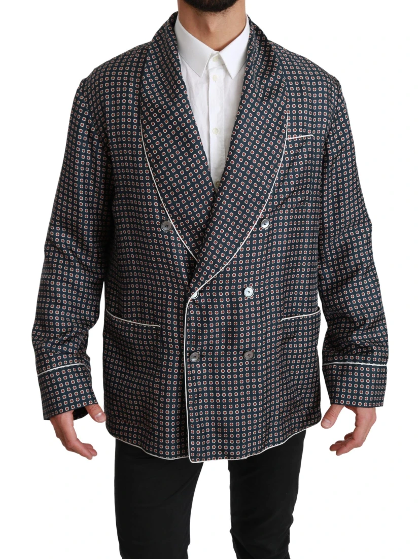 Navy Blue Patterned Double Breasted Coat Jacket