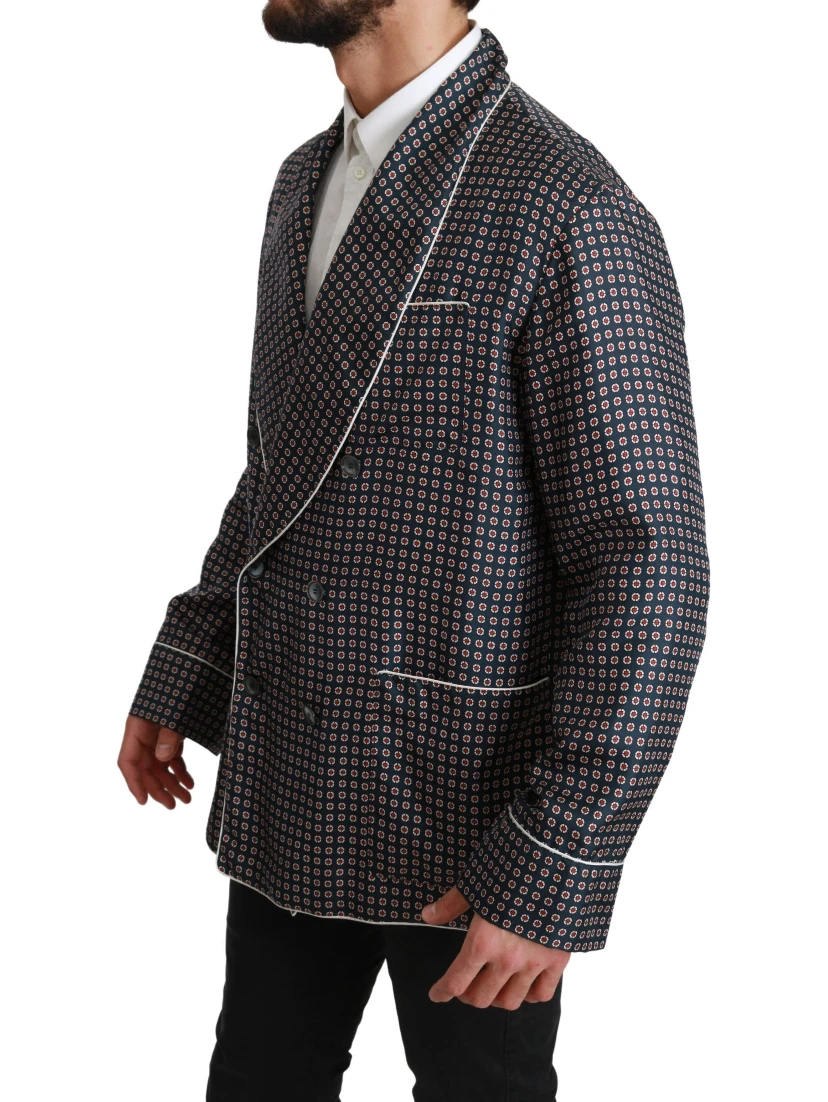 Navy Blue Patterned Double Breasted Coat Jacket