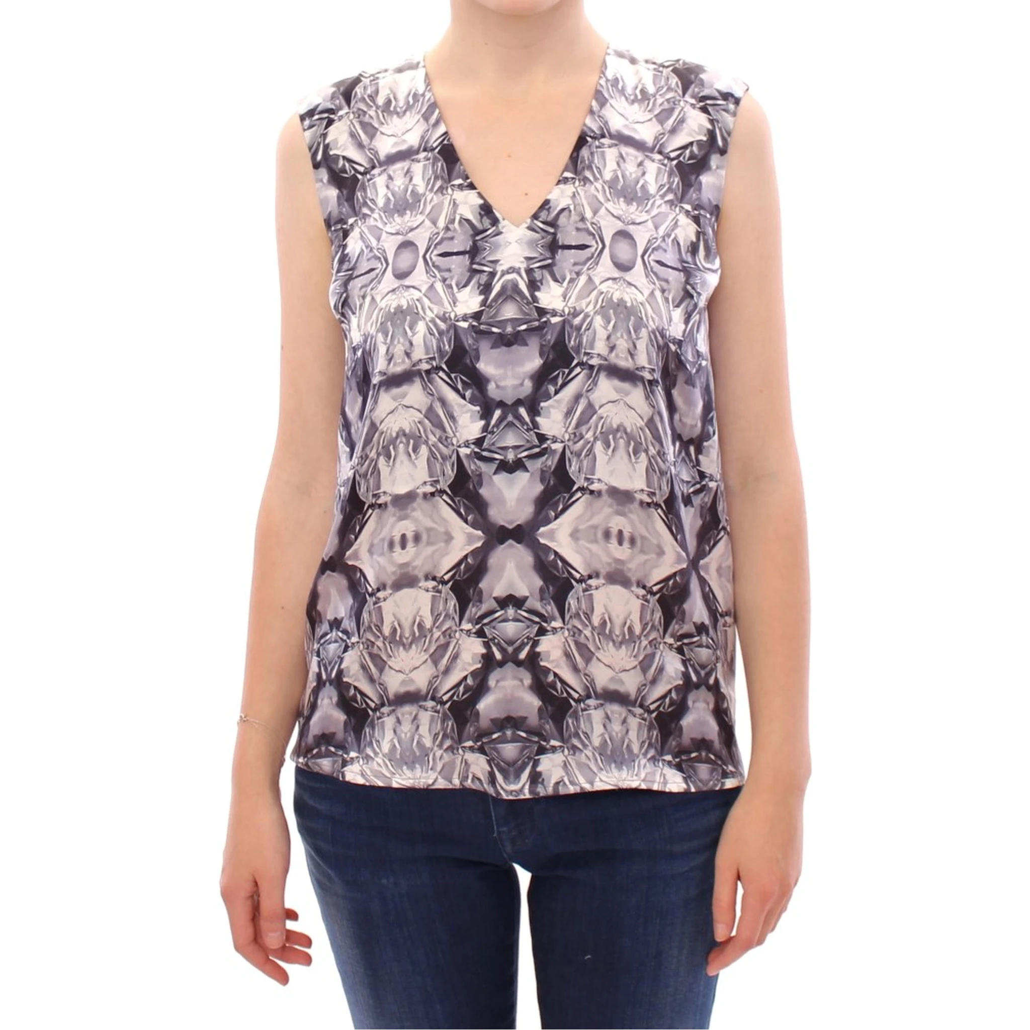 Gray Blue Silk Sleeveless Top Shirt Blouse
