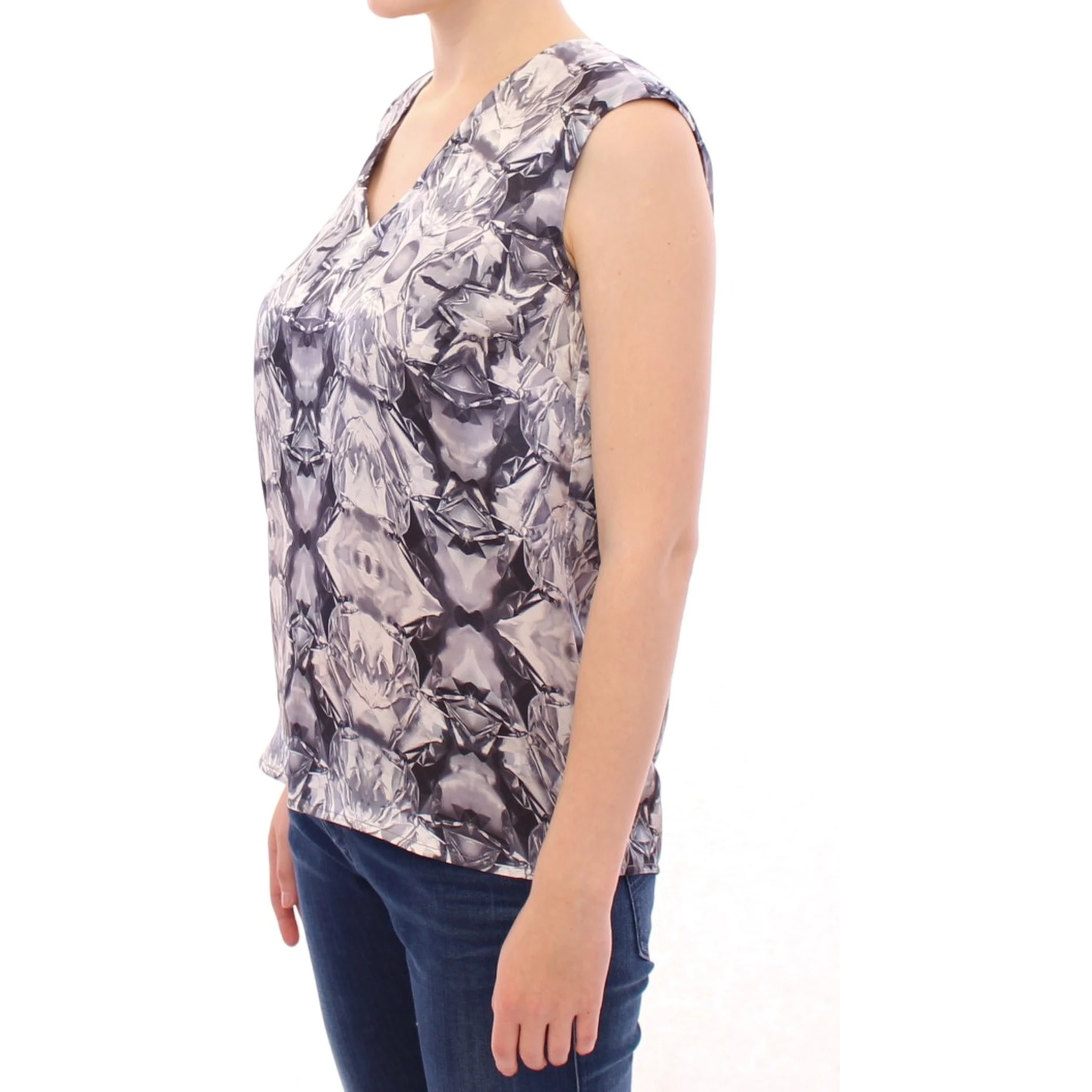 Gray Blue Silk Sleeveless Top Shirt Blouse
