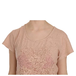 Pink Cream Lace Short Sleeve Shirt Top Cotton Blouse