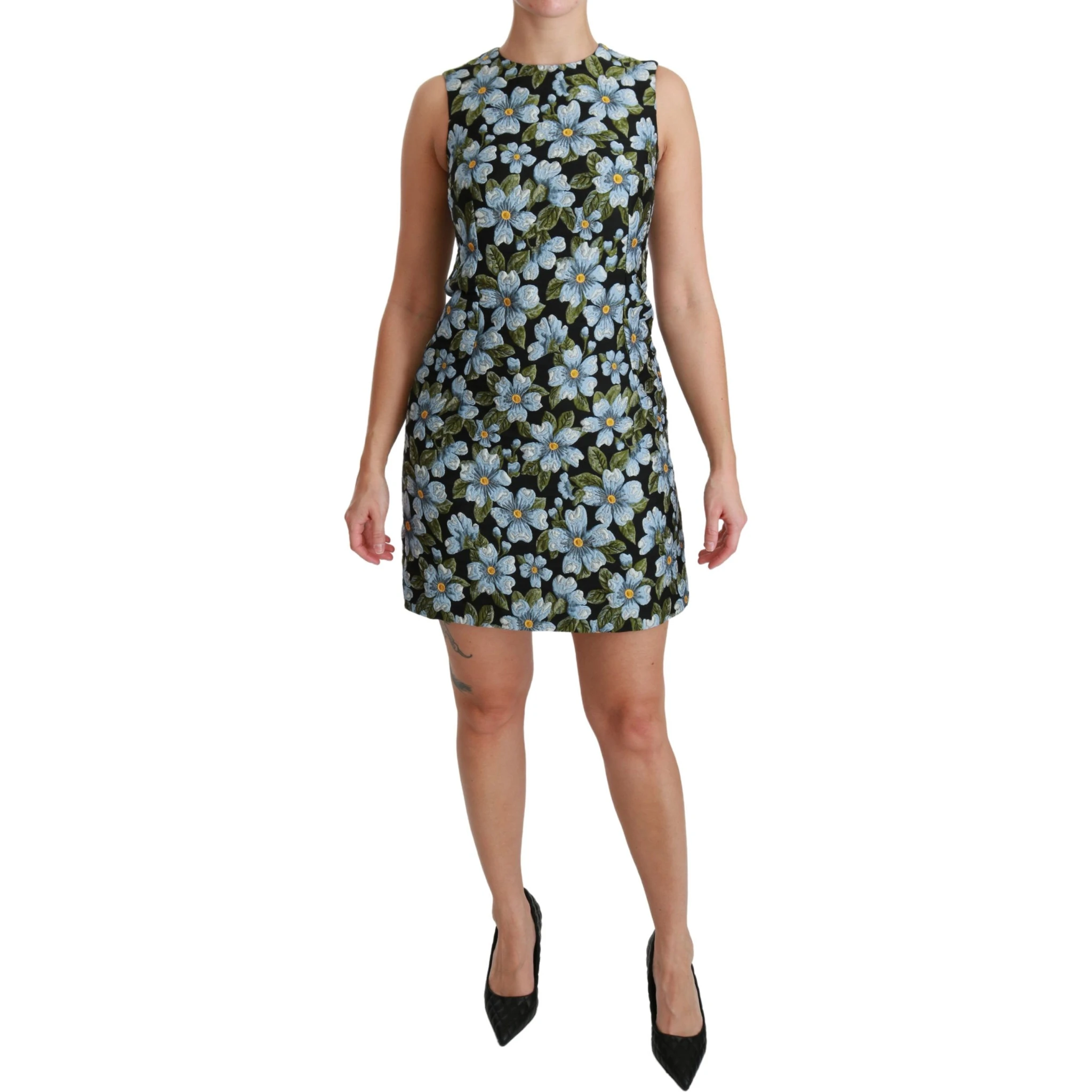 Blue Floral Brocade Gown Shift Dress