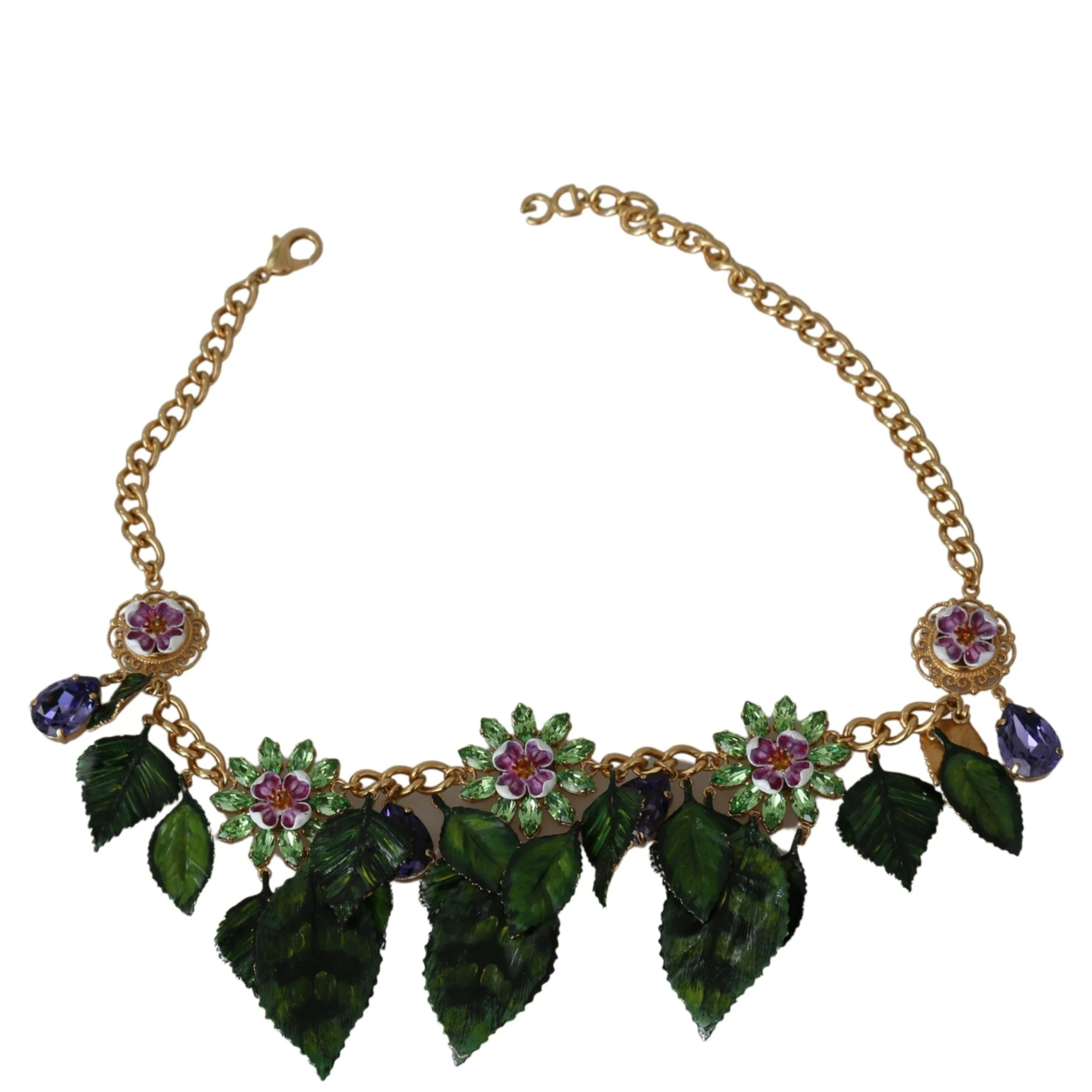 Green Leaves Gold Brass Crystal Flower Pendant Necklace