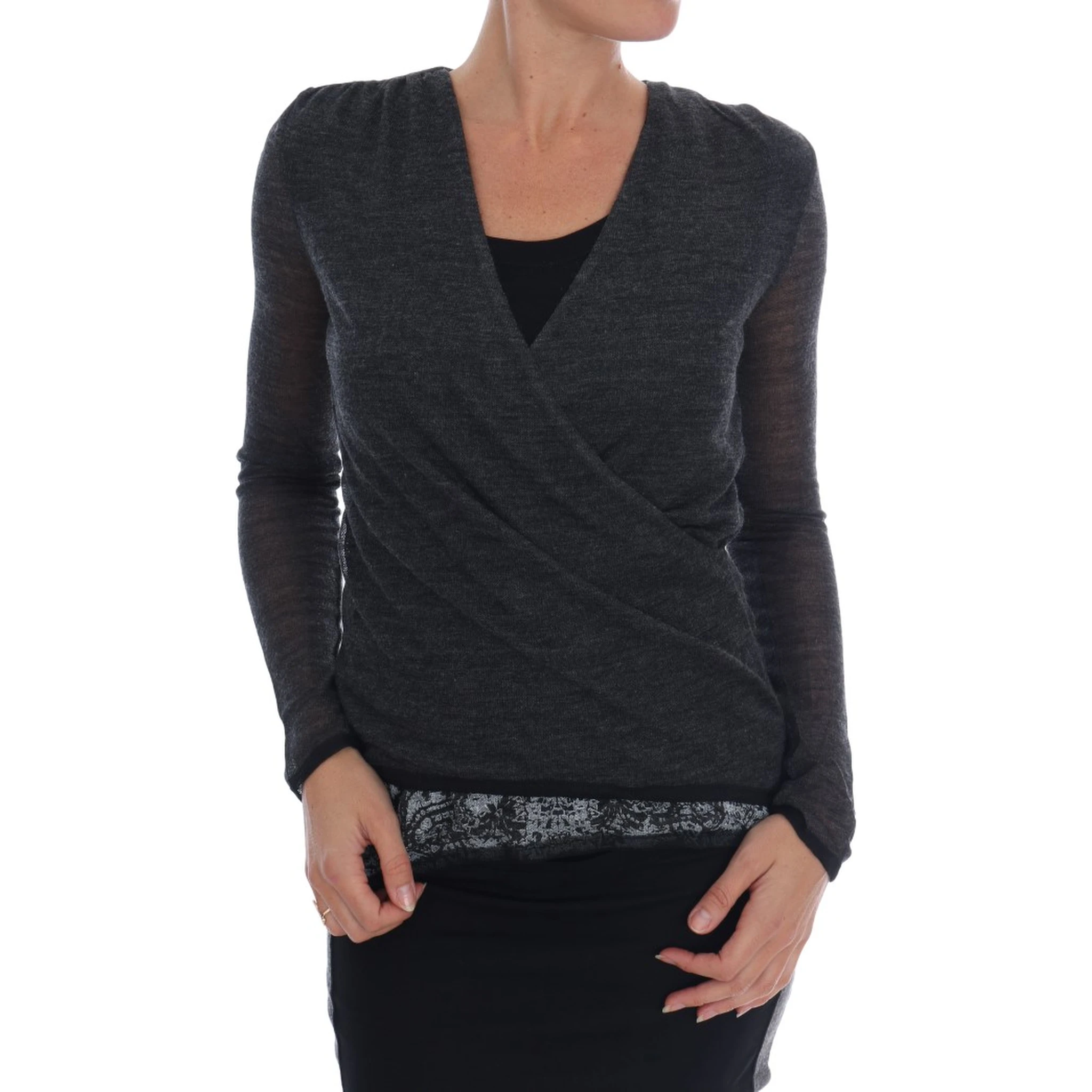 Gray Wool Lace Top Long Sleeved T-shirt