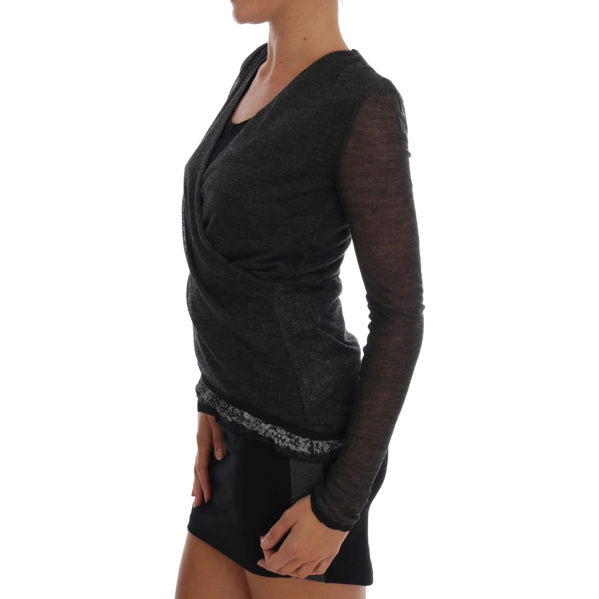 Gray Wool Lace Top Long Sleeved T-shirt