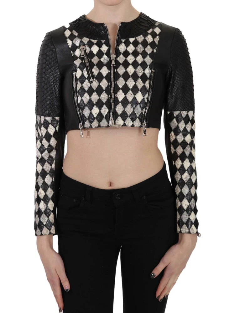 Black White Leather Short Cropped Biker Jacket Coat