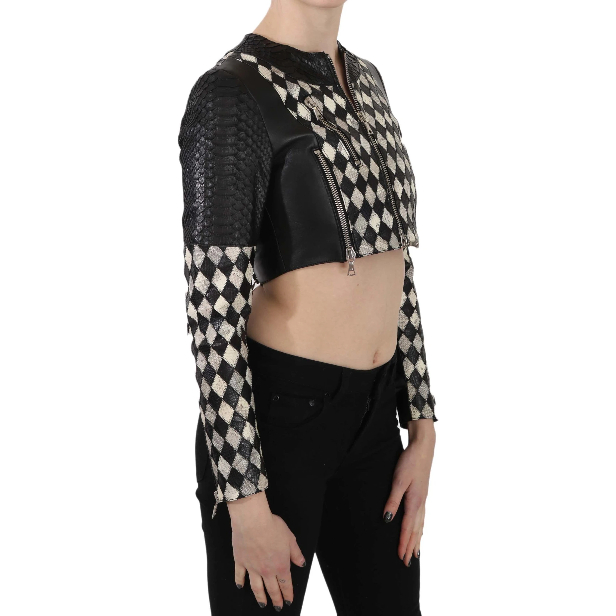 Black White Leather Short Cropped Biker Jacket Coat