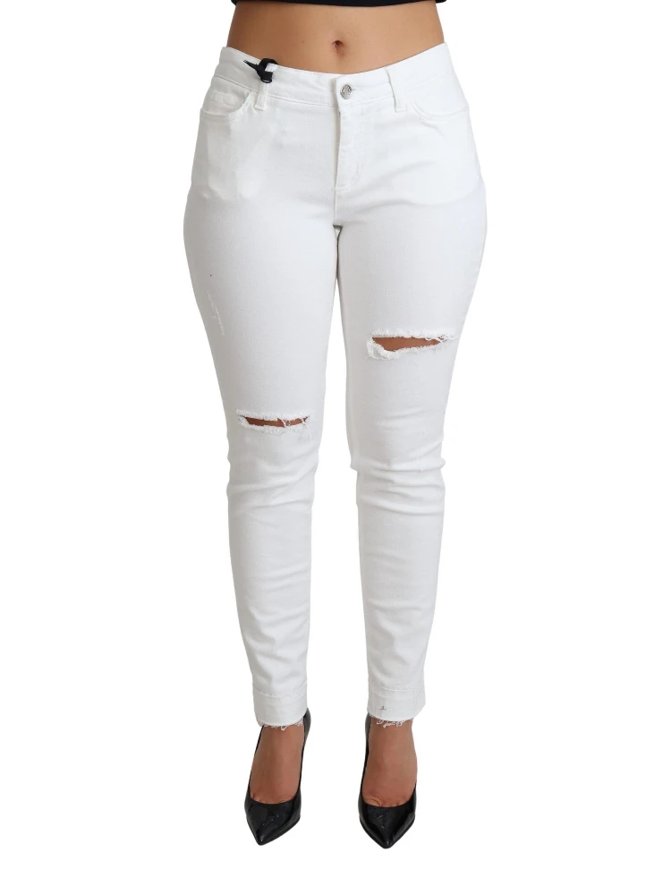 White Tattered Skinny Denim Cotton Stretch Jeans