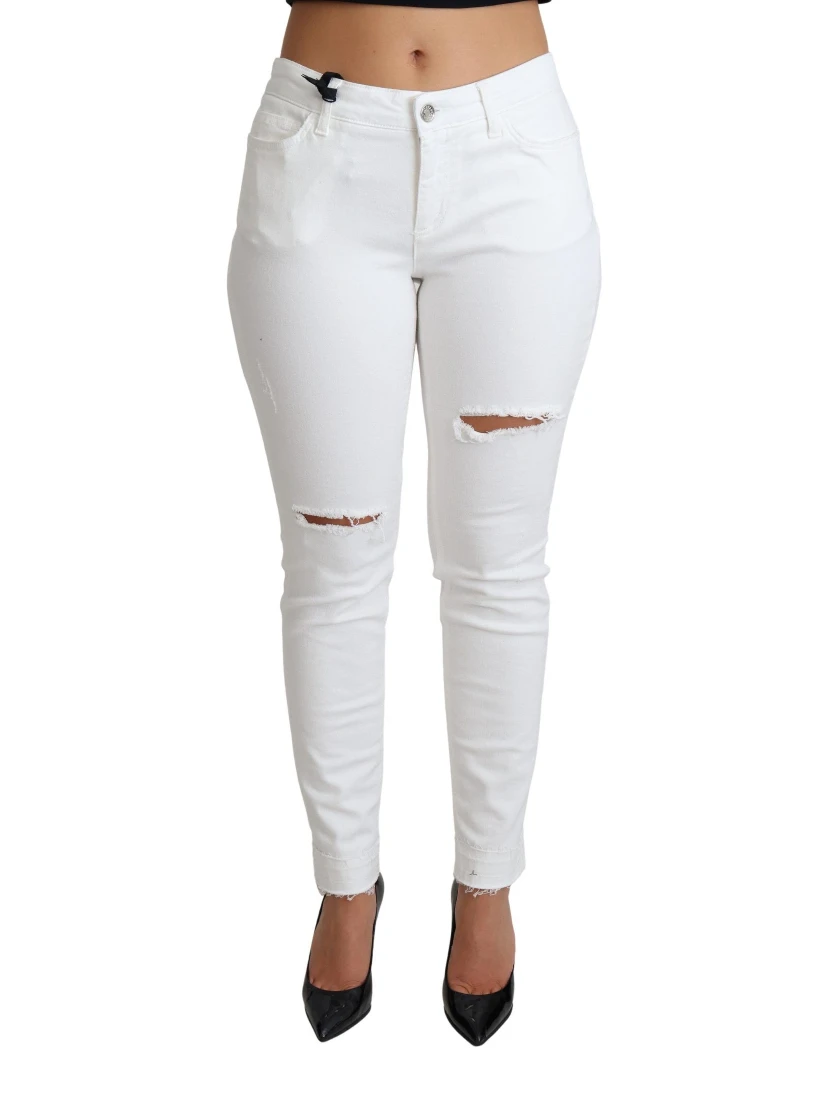 White Tattered Skinny Denim Cotton Stretch Jeans