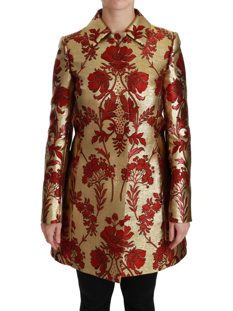 Red Gold Floral Brocade Cape Coat Jacket