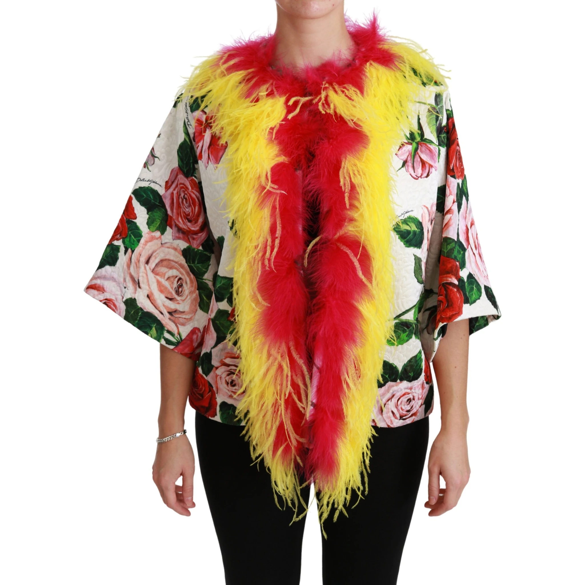 White Floral Coat Capte Fur Roses Jacket