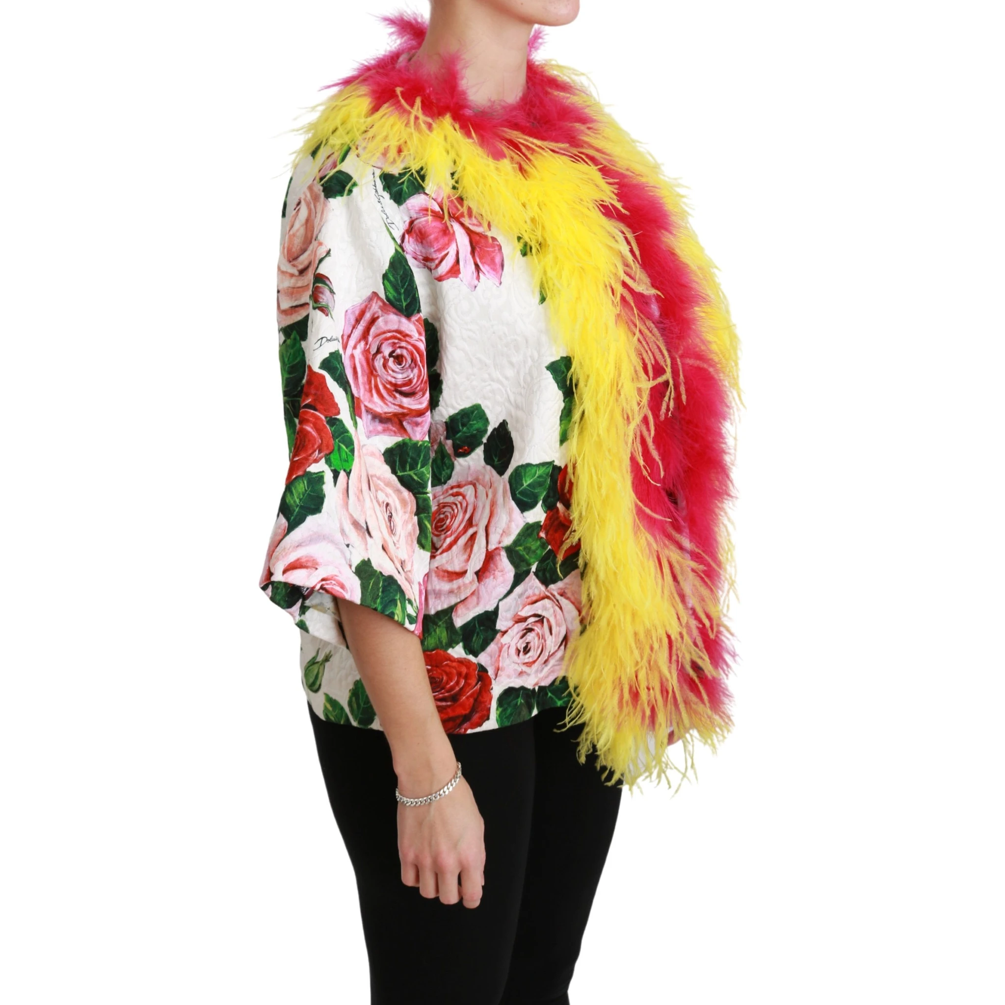 White Floral Coat Capte Fur Roses Jacket