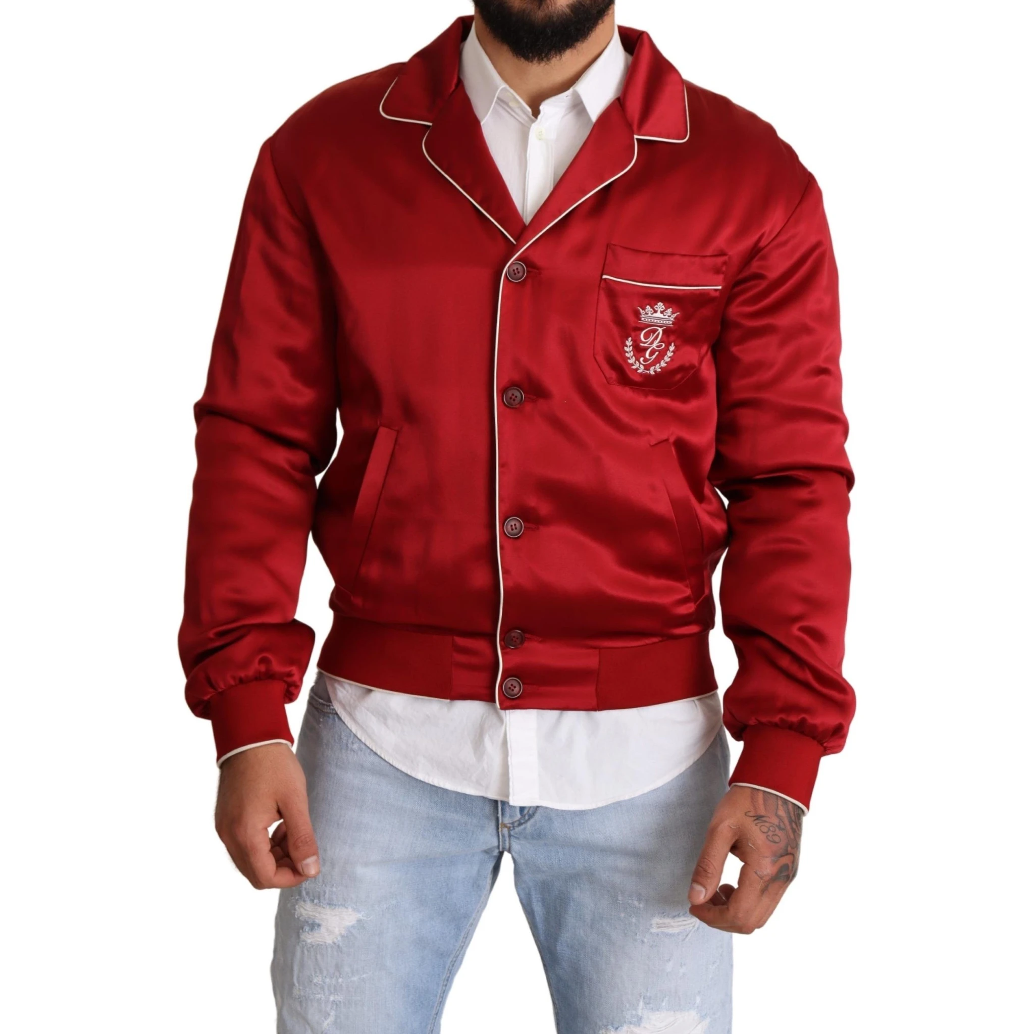 Red Silk Button DG Logo Bomber Jacket