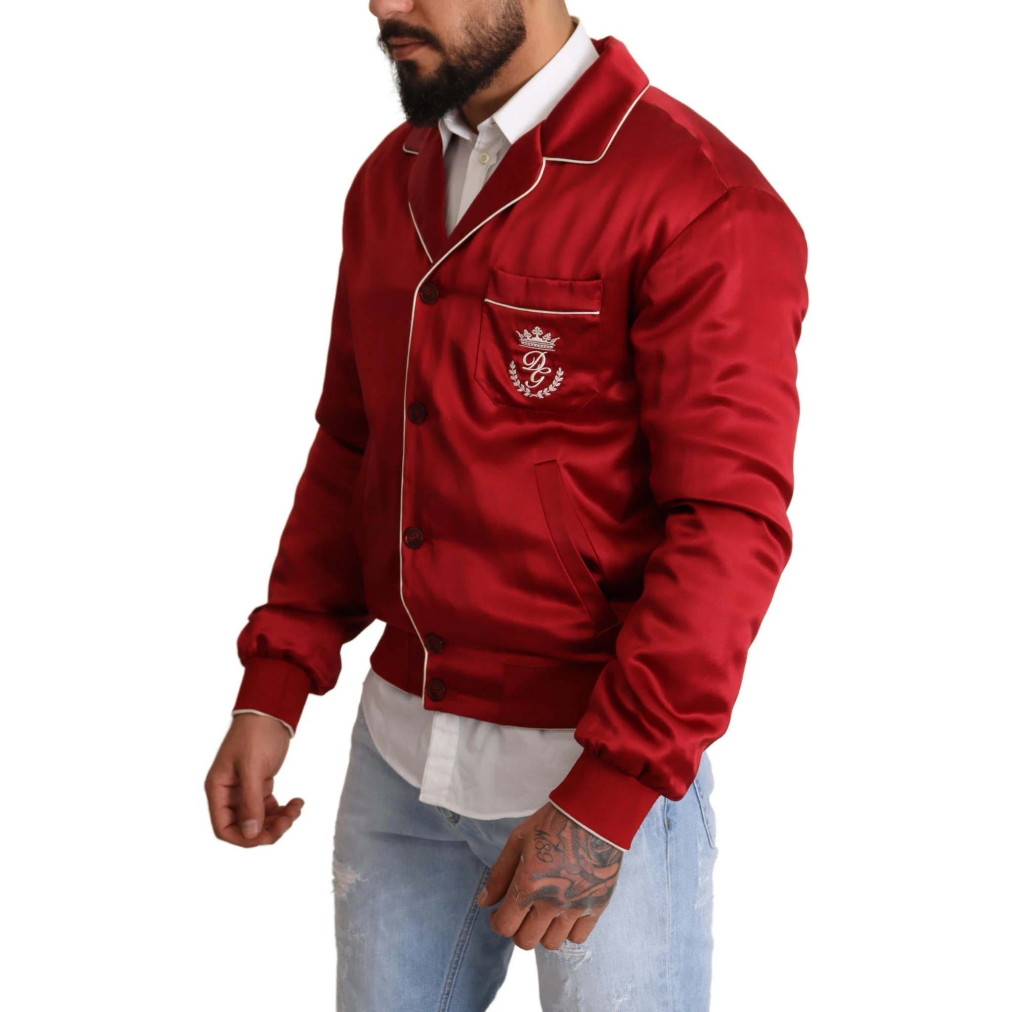 Red Silk Button DG Logo Bomber Jacket