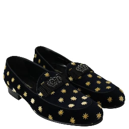 Blue Velvet Crown Slippers Loafers Shoes