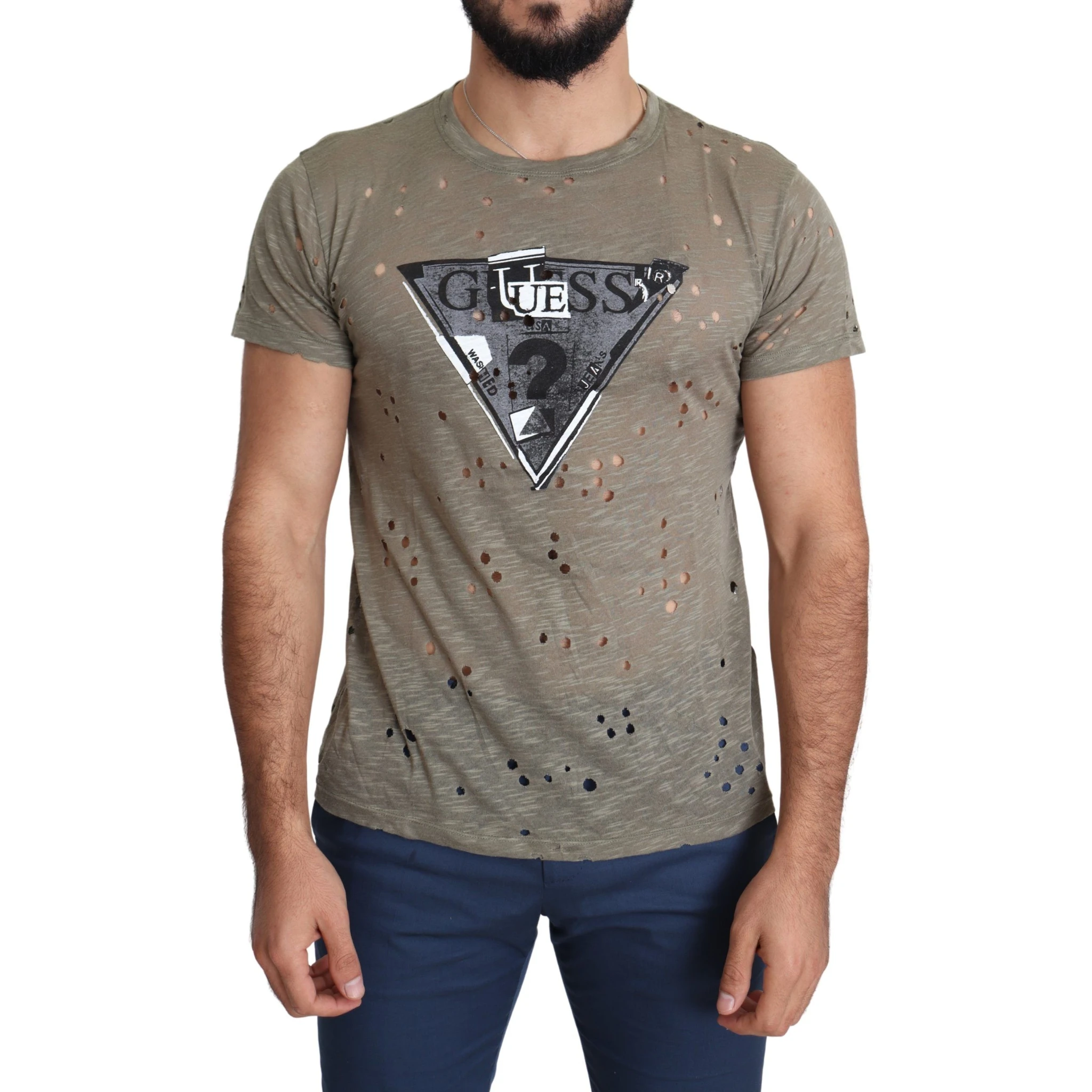 Brown Cotton Stretch Logo Print Men Casual Perforated T-shirt