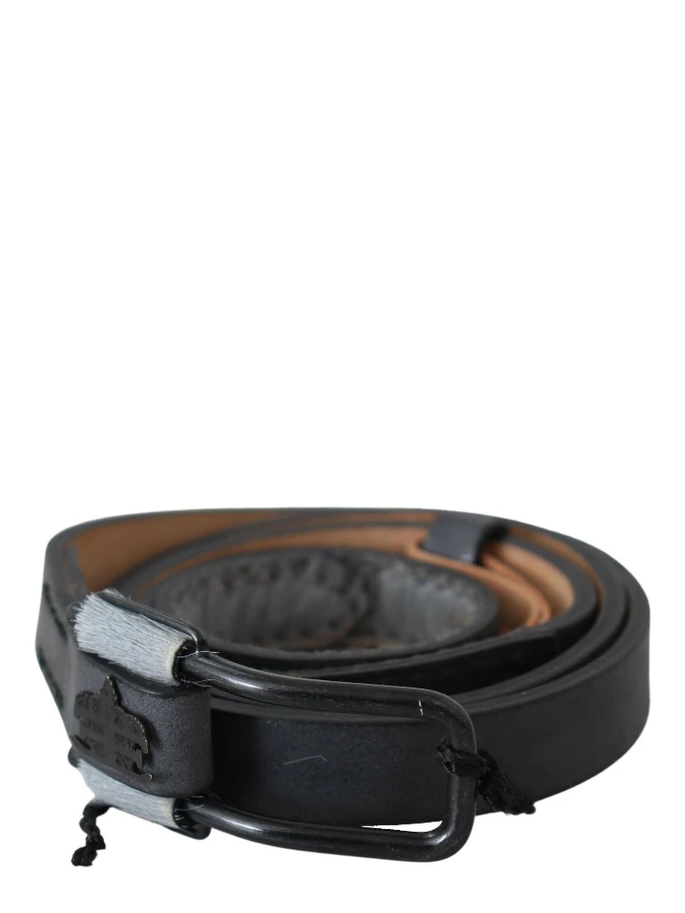 Black Leather Fringes Logo Buckle Belt alternative