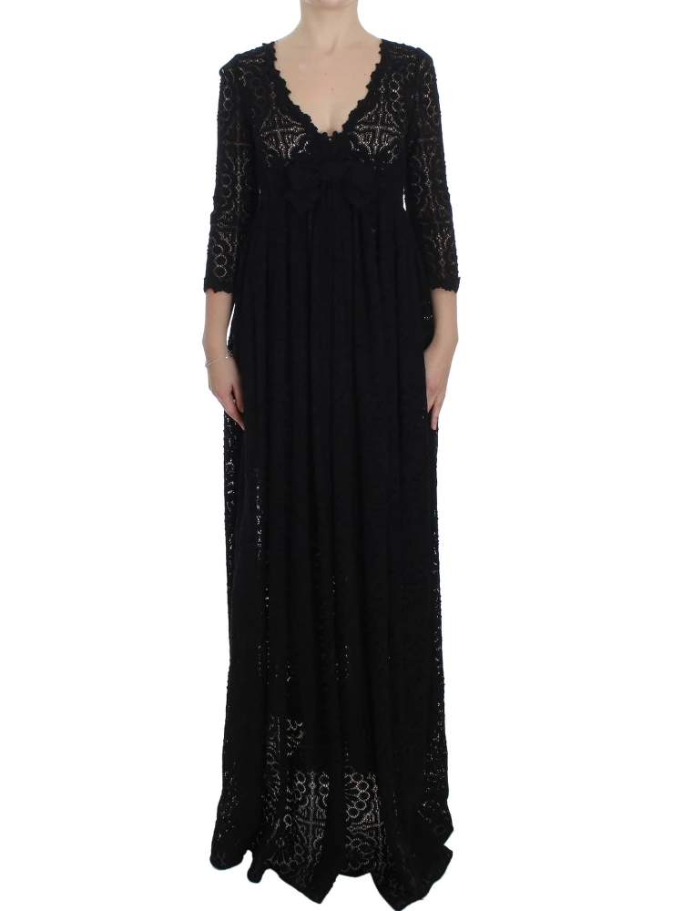 Black Ricamo Knitted Full Length Maxi Dress