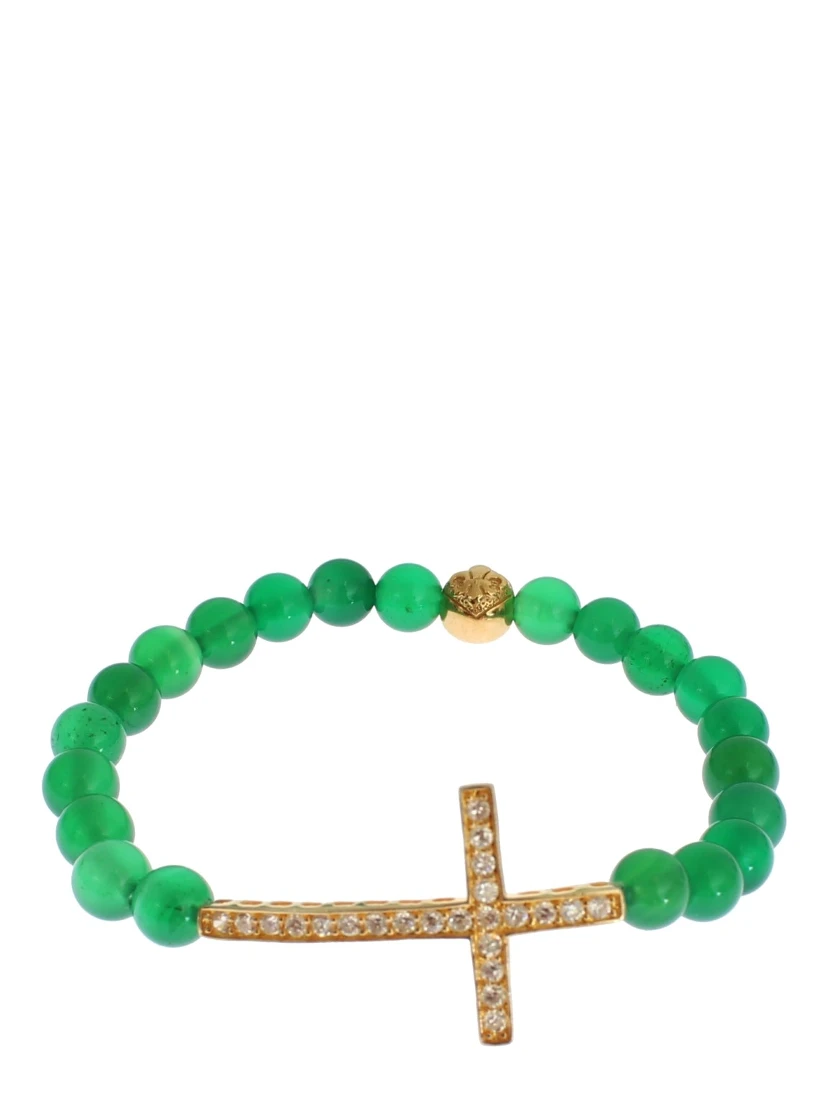 Jade Stone Gold CZ Cross 925 Silver Bracelet