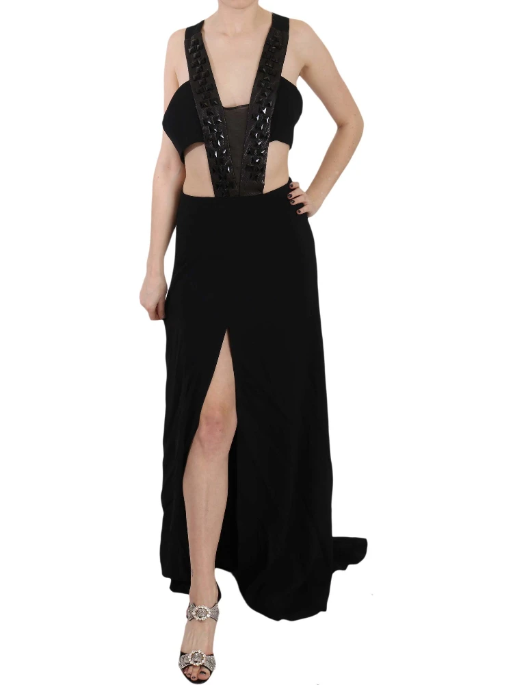 Black Crystal Leather Gown Flare Dress