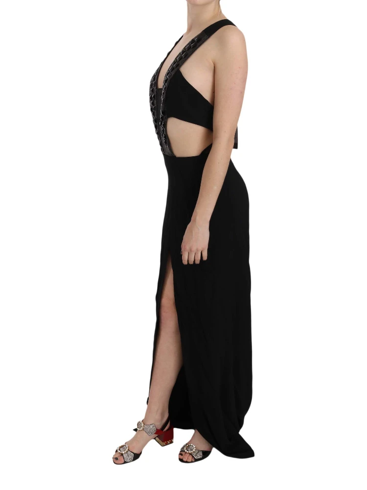 Black Crystal Leather Gown Flare Dress alternative
