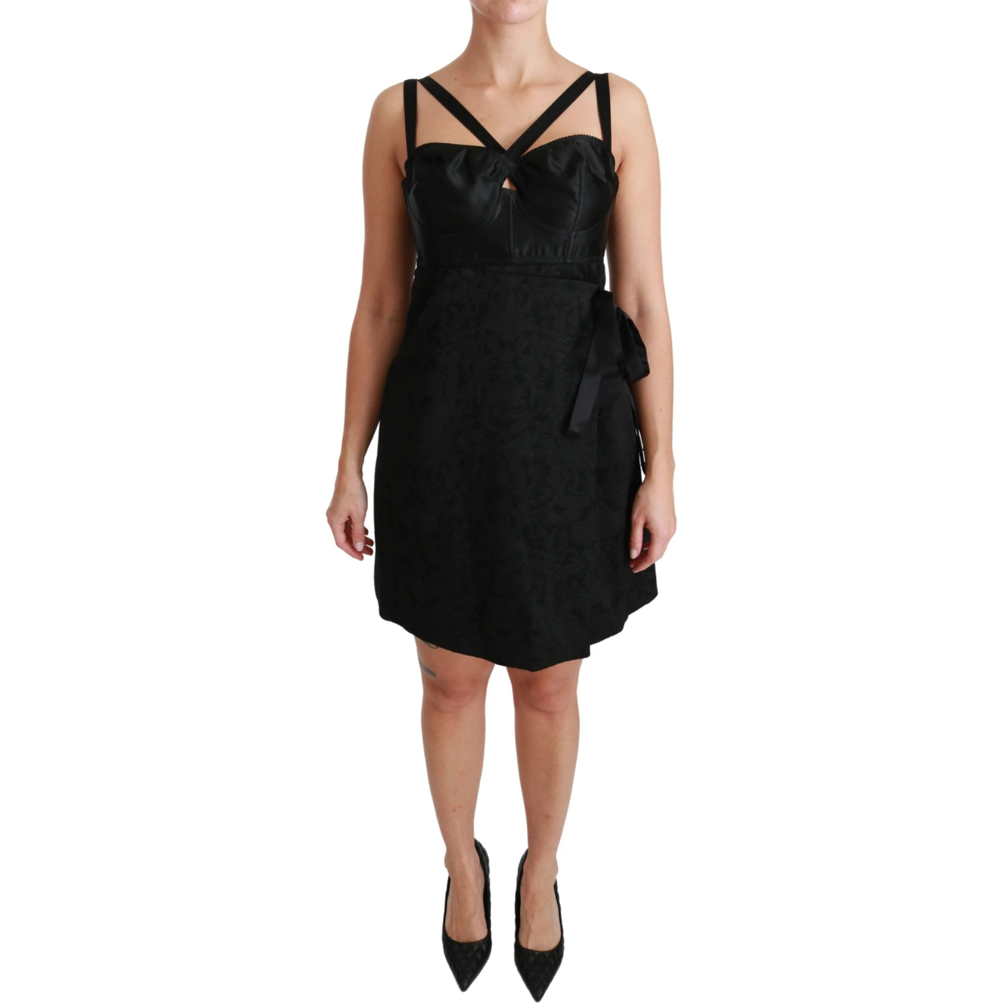 Black Stretch Satin Jacquard Mini Dress