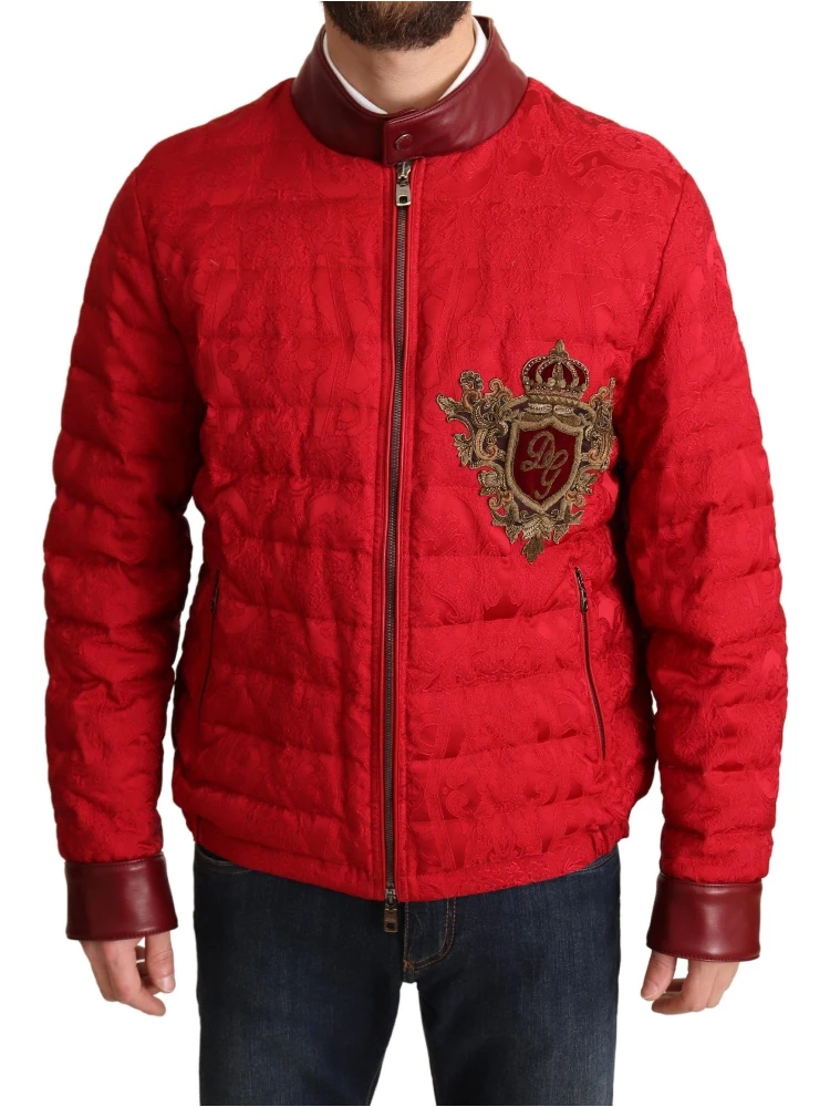 Red Brocade Bomber Gold Crown Logo Coat Jacket