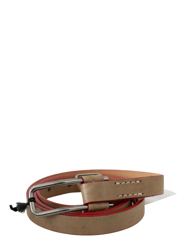 Beige Leather Silver Logo Buckle Waist Belt