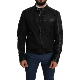 Black Nylon Full Zip Men Bomber Coat Jacket