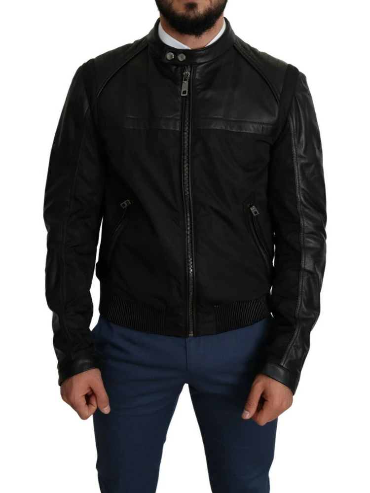 Black Nylon Full Zip Men Bomber Coat Jacket