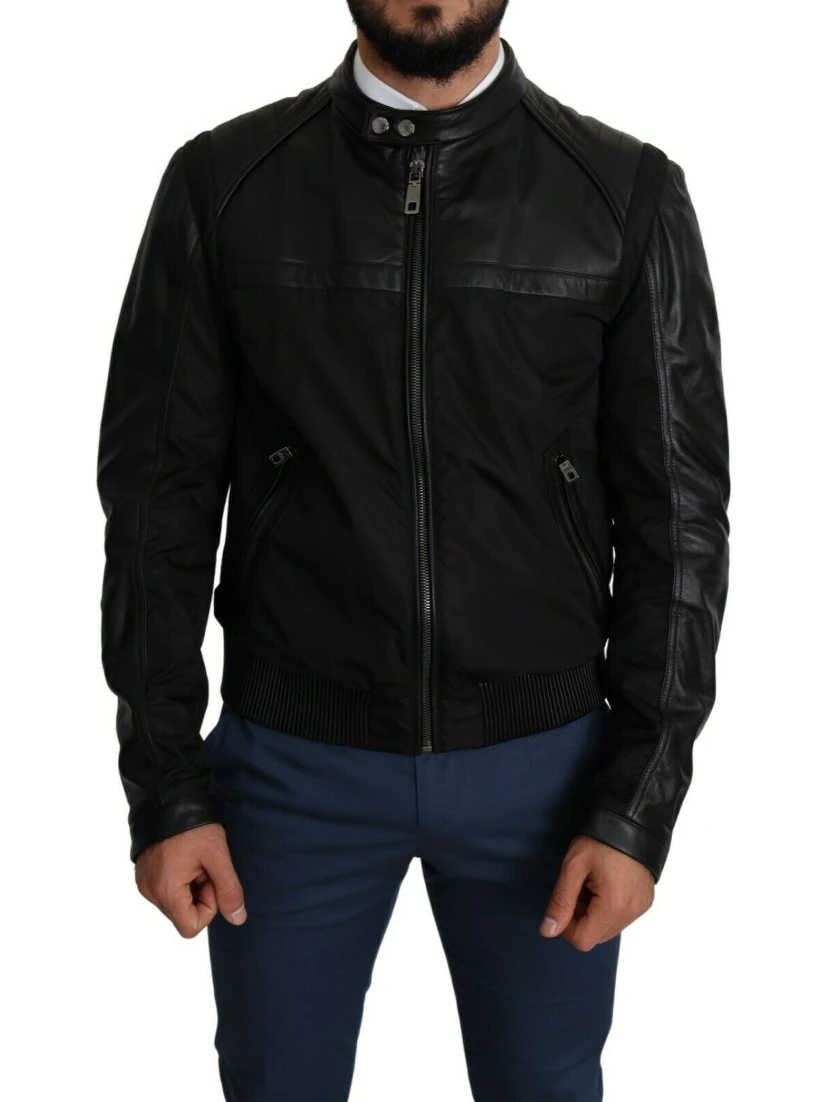 Black Nylon Full Zip Men Bomber Coat Jacket