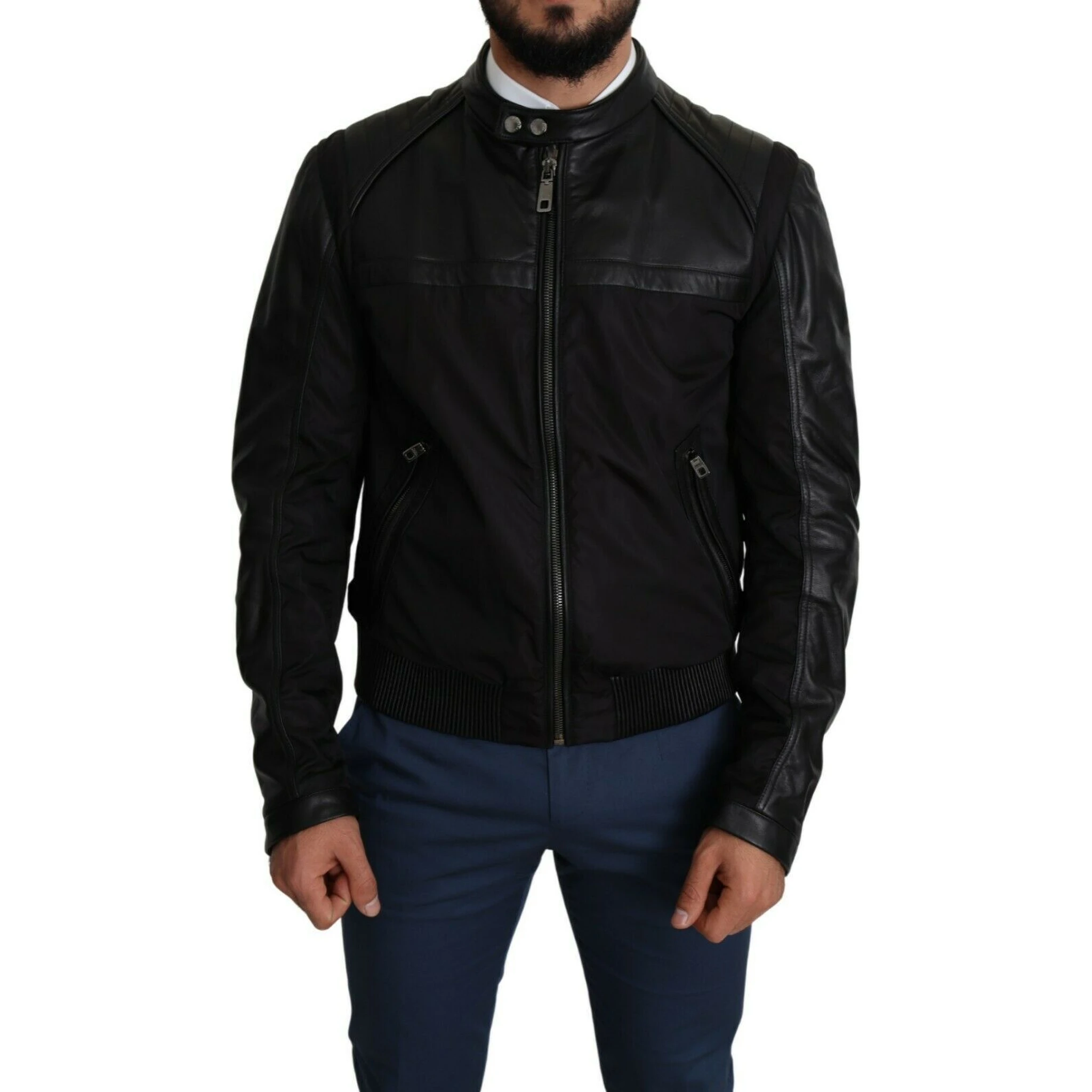 Black Nylon Full Zip Men Bomber Coat Jacket